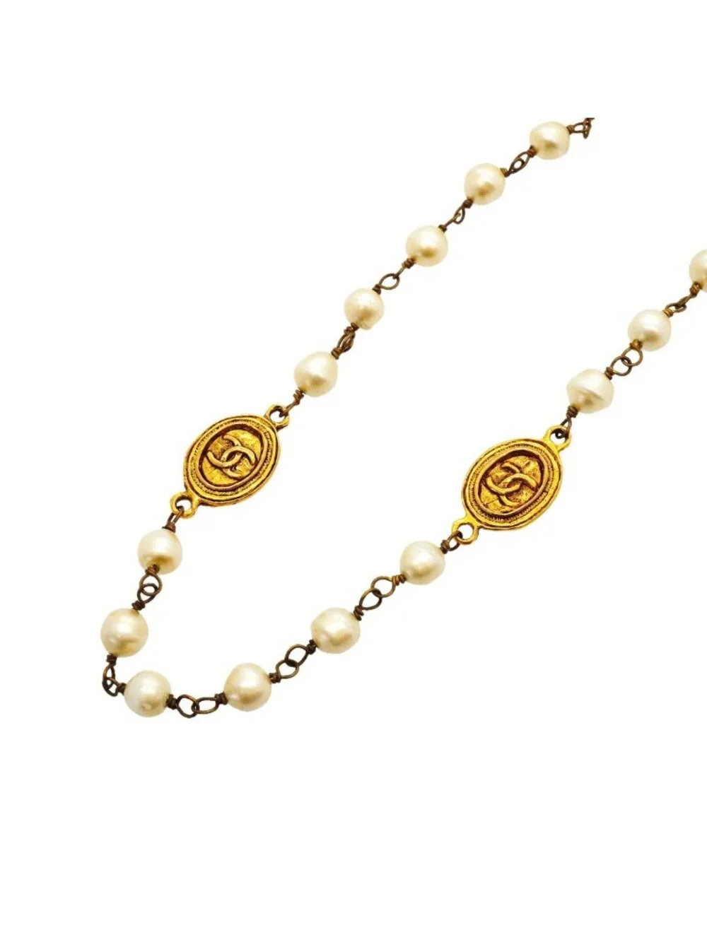 Chanel Necklace Vintage CC Logo Gold Plated Faux Pearl